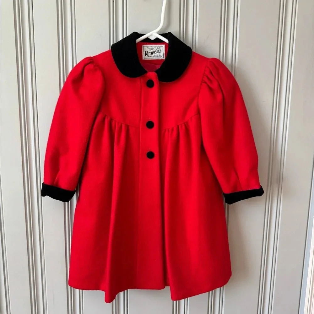 VTG Rothschild Size 4T Winter Red Wool Black Velvet Trim Bow Dress Coat Holiday